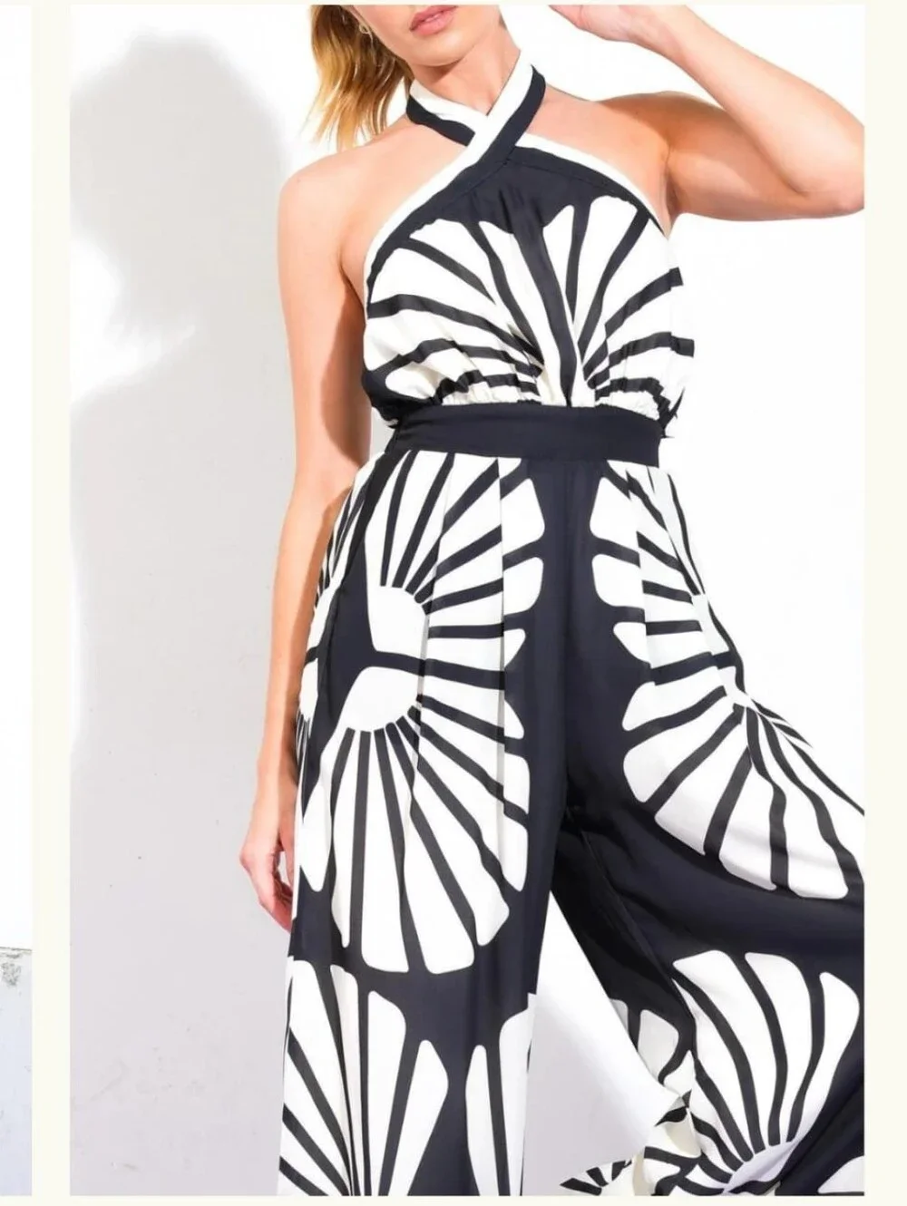 Flying Tomato Black & White Graphic Halter Wide-Leg Jumpsuit - Picture 3 of 3